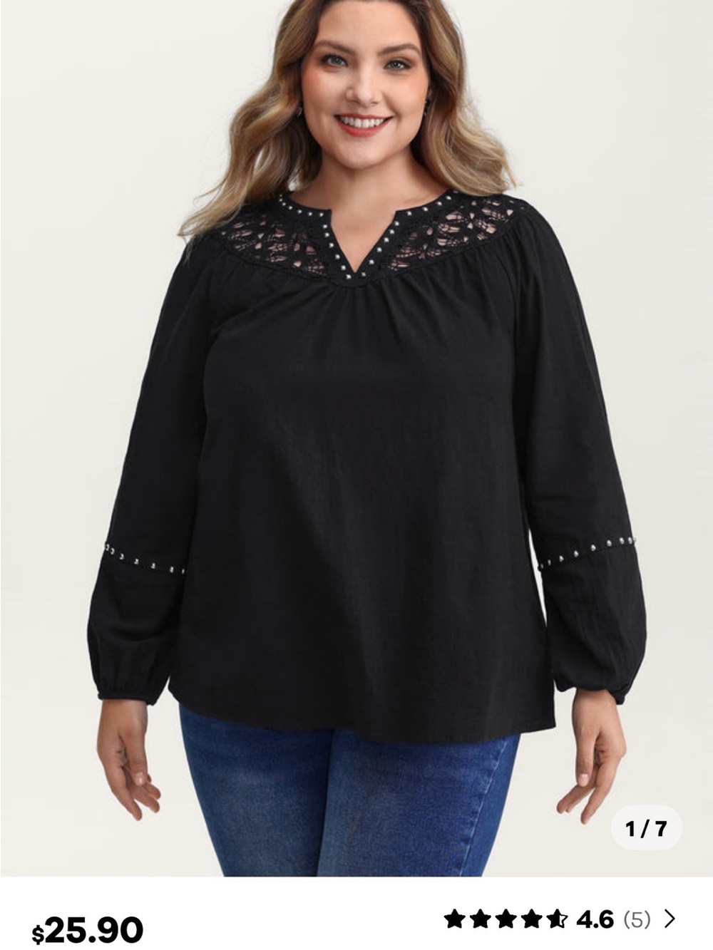 BloomChic Black Lace Yoke Studded Long-Sleeve Blouse